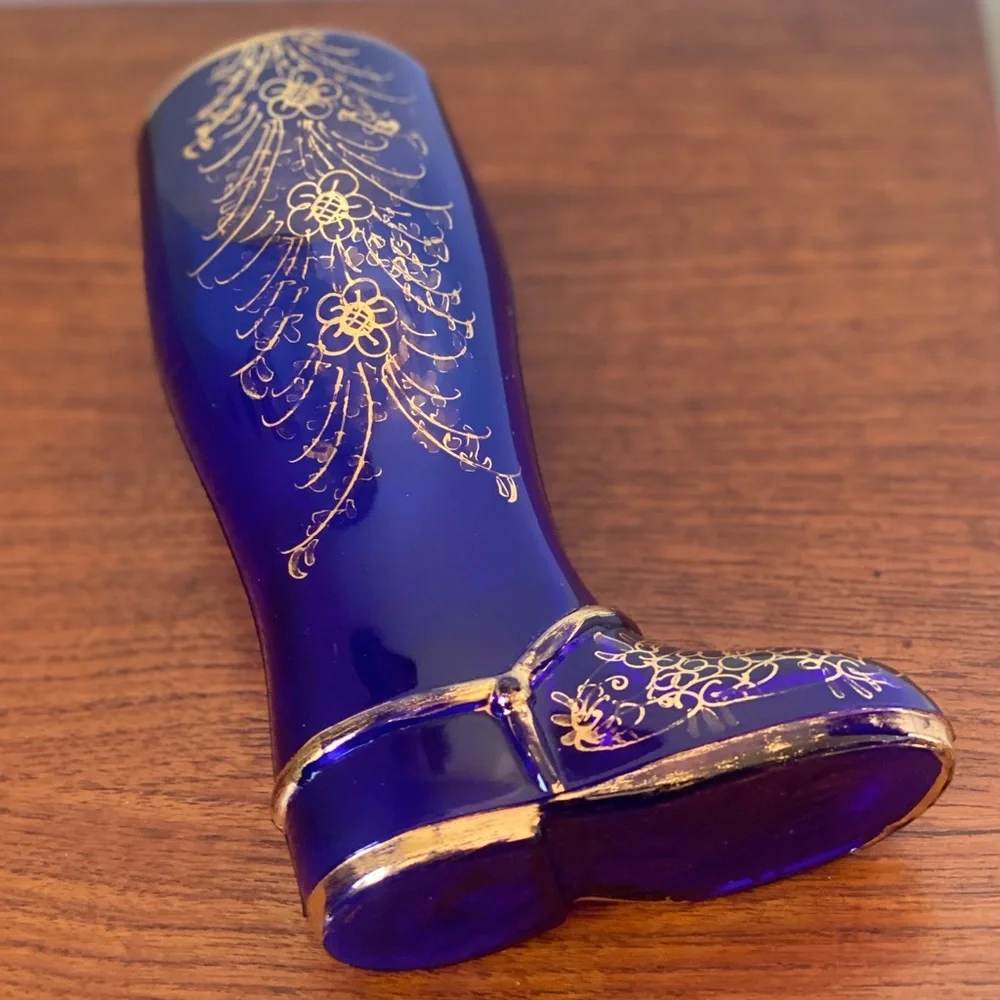 Vintage Vase Novelty Cobalt Blue Glass Boot with Gold Leaf Gilding Italy Cup